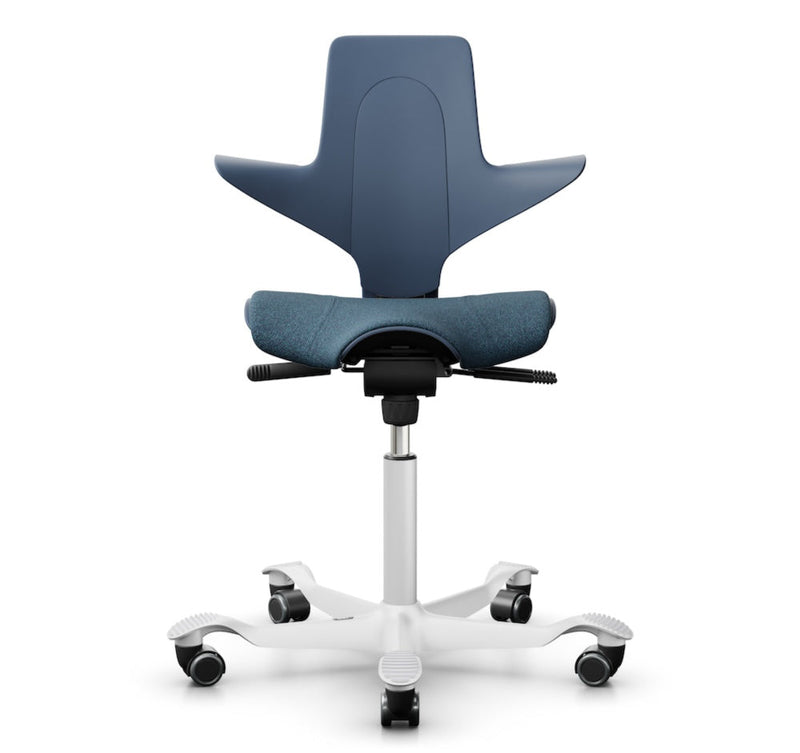 Blueberry ergonomic saddle chair with silver aluminium base and 150mm gas lift by HAG Capisco Puls 8020