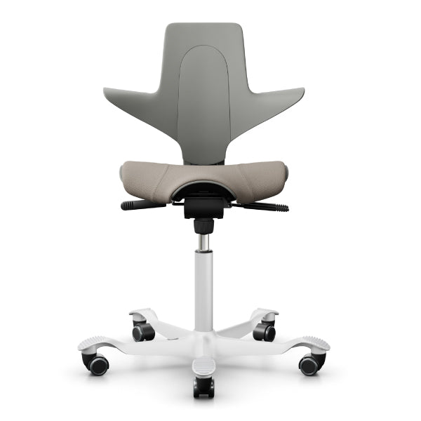 Clay ergonomic saddle chair with silver aluminium base, adjustable gas lift, and HAG branding.