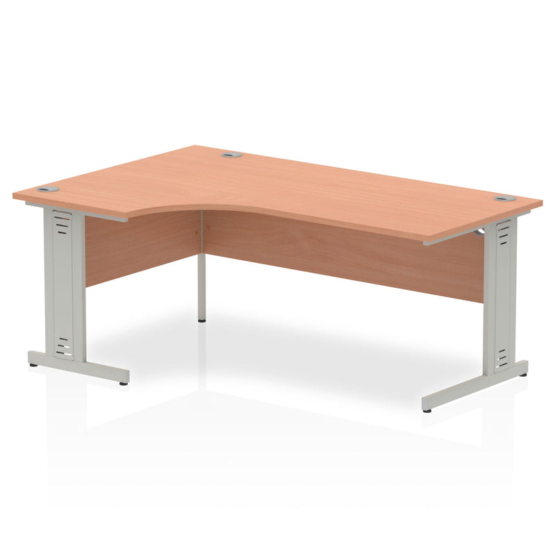 Dynamic Office Solutions Impulse 1800mm left corner desk in beech finish with black cable-managed legs.