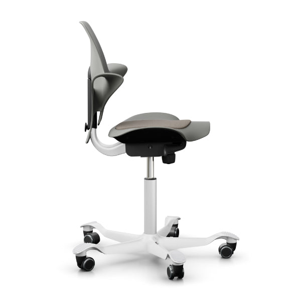HAG Capisco Puls 8010 ergonomic clay saddle chair with white aluminium base and gas lift