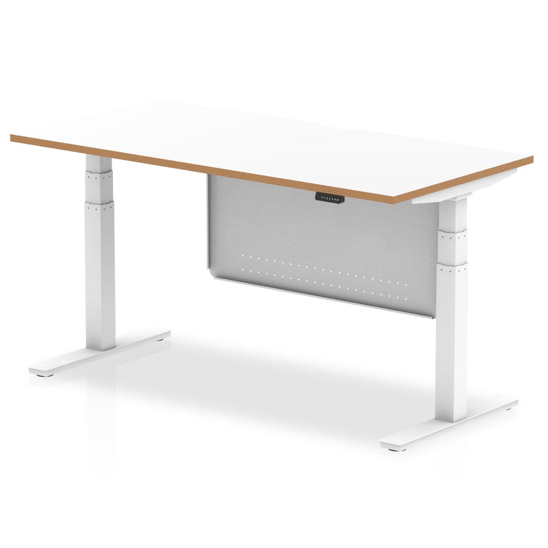 Oslo Height Adjustable Desk White Top Natural Wood Edge White Frame with White Steel Modesty Panel