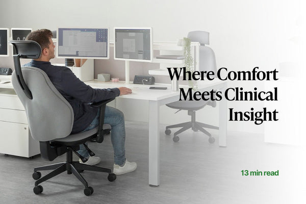 Torasen Orthopaedica office chair with headrest in grey fabric with user in reclined position