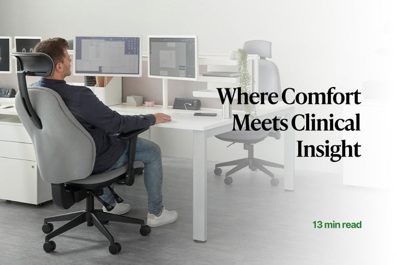 Torasen Orthopaedica office chair with headrest in grey fabric with user in reclined position