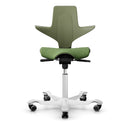 HAG Capisco Puls 8020 moss green ergonomic saddle chair with silver aluminium base and 150mm gas lift