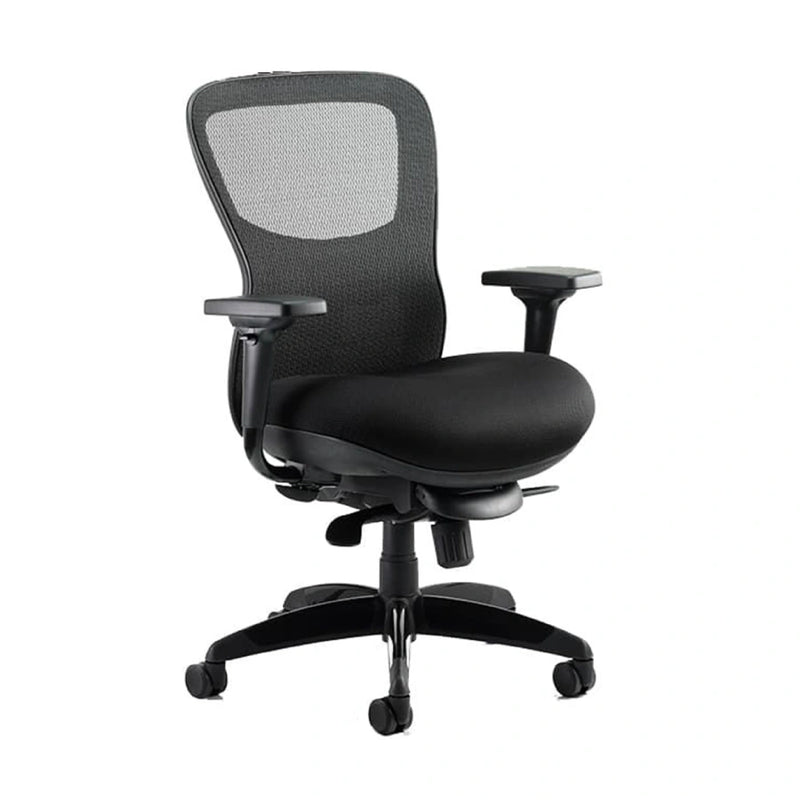 Heavy duty black mesh office chair with adjustable headrest, 190kg capacity, designed for 24-hour use by Lockwoodhume