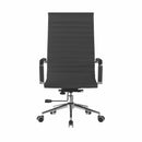 Black bonded leather executive chair with chrome base and arms by Dynamic Office Solutions, medium or high back options.