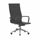 Black bonded leather executive chair with chrome base and arms, by Dynamic Office Solutions.