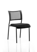 Brunswick medium back visitor chair with armrests, black mesh seat, and chrome frame, stackable design.