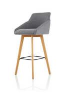 Grey fabric high stool chair with wooden legs and armrests, by Dynamic Office Solutions, supports up to 125kg