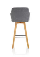 Grey fabric high stool chair with wooden legs and armrests, designed by Dynamic Office Solutions