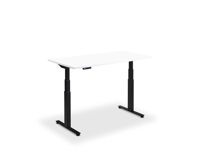 Black height adjustable desk with solid top from Lavoro, featuring dual motors and compact design.