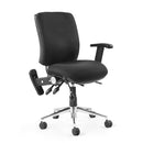 Lockwoodhume Chiro Ergonomic office chair with medium back, folding arms, and black upholstery, designed for 24/7 use.