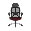 Black office chair with mesh back and red seat on a white background