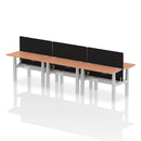 Height adjustable bench desk for 6 people with beech top and black frame, designed by Dynamic Office Solutions