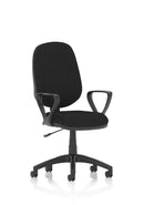 Adjustable medium back task chair in black fabric with loop arms by Dynamic Office Solutions.