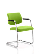 Chrome-framed Havanna cantilever visitor chair with black padded arms and leather seat.