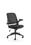Dynamic Office Solutions black mesh task chair with folding arms and adjustable headrest and lumbar support