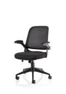 Black mesh back task operator chair with folding arms, adjustable lumbar support, by Dynamic Office Solutions