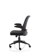 Dynamic Office Solutions black mesh task chair with folding arms, adjustable headrest, and lumbar support.