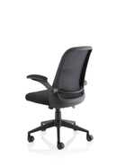 Black mesh task operator chair with folding arms and adjustable lumbar support by Dynamic Office Solutions