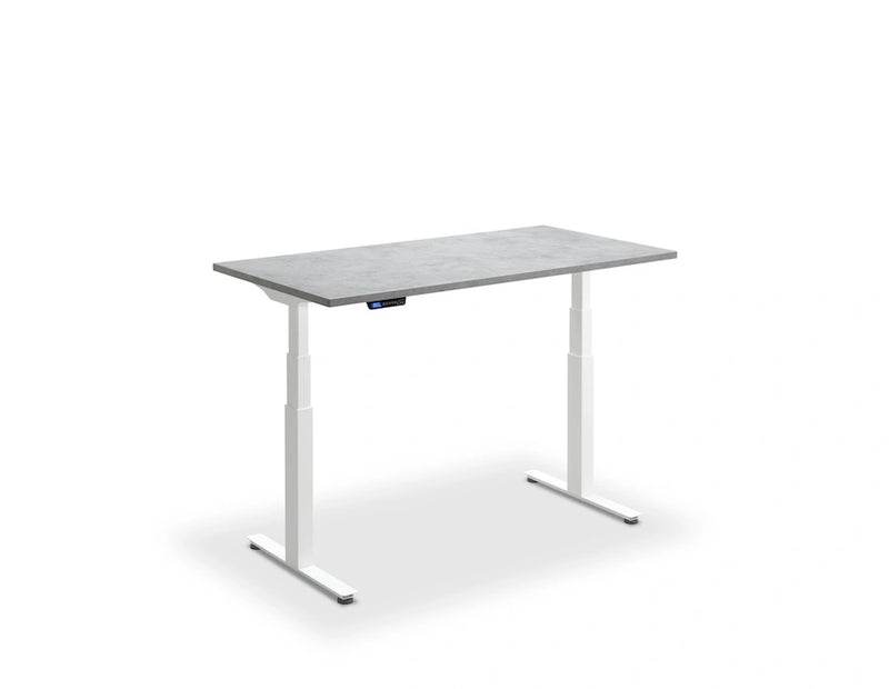 Height adjustable desk with dual motors in black finish and compact design, featuring a woodgrain top option
