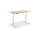Height adjustable desk with woodgrain top in anthracite Sherman Oak, by Lavoro, with black frame and dual motor