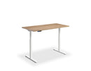 Height adjustable desk with wood grain top in black frame, featuring dual motors and compact design.
