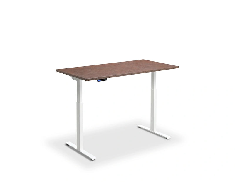 Black dual motor height adjustable desk with textured woodgrain top by Lavoro, size 800 x 600 mm