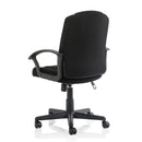 Black fabric high back office chair by Lockwoodhume with adjustable height and cushioned seat.