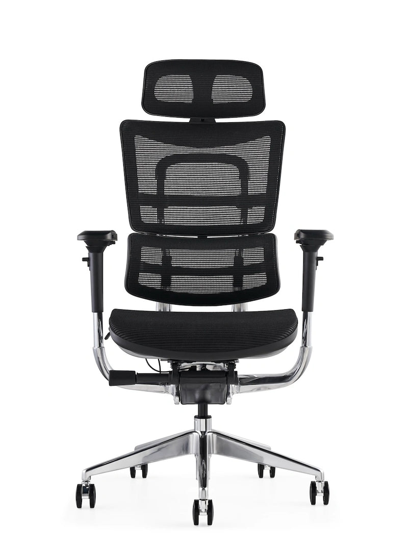 Black ergonomic office chair with breathable mesh back and adjustable headrest by Hood Seating