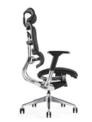 Black ergonomic office chair with breathable mesh seat, adjustable headrest, and sturdy design by Hood Seating