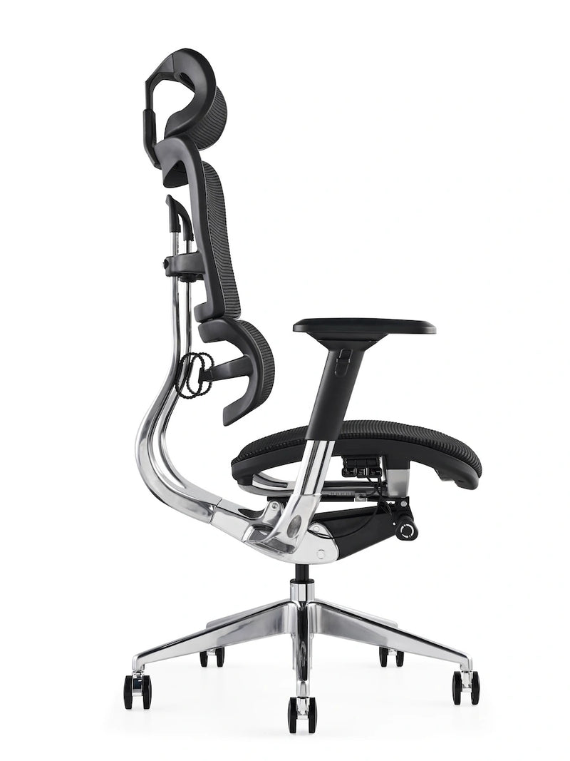 Black ergonomic office chair with breathable mesh seat, adjustable headrest, and sturdy design by Hood Seating