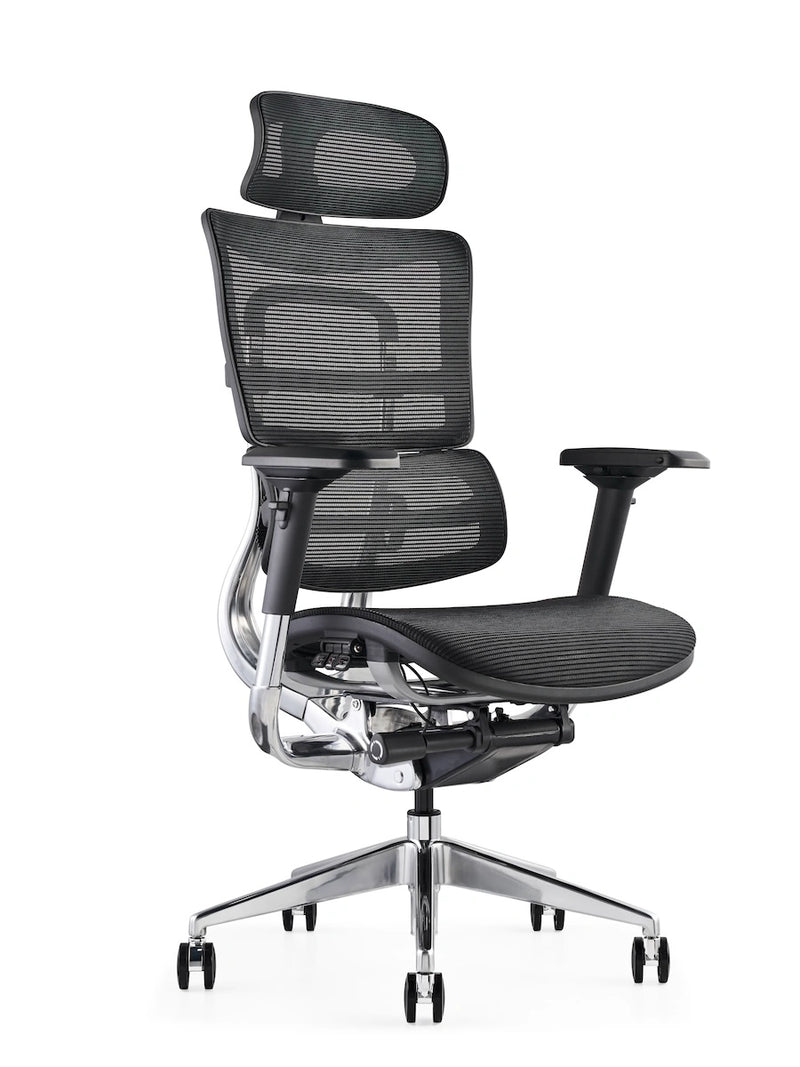 Black ergonomic office chair with breathable mesh back and adjustable headrest from Hood Seating.