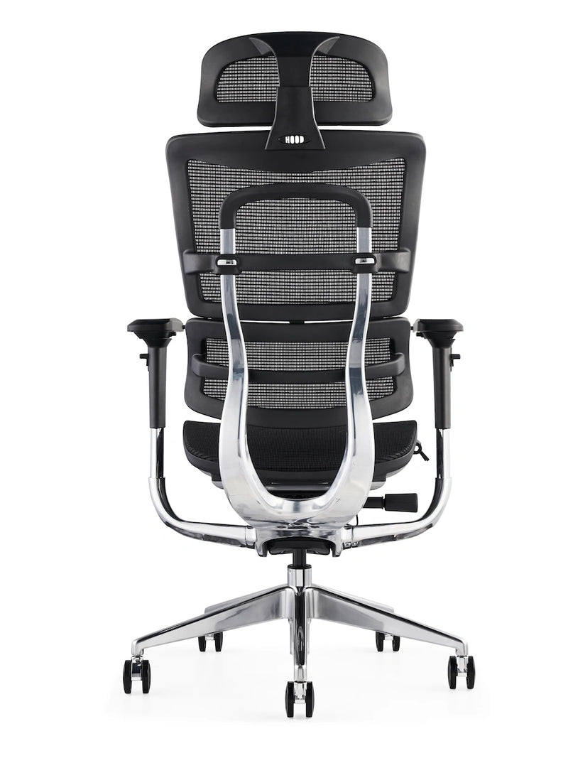 Black ergonomic office chair with breathable mesh back and adjustable headrest by Hood Seating