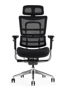 Black ergonomic office chair with breathable mesh seat, height-adjustable headrest, and sturdy frame by Hood Seating