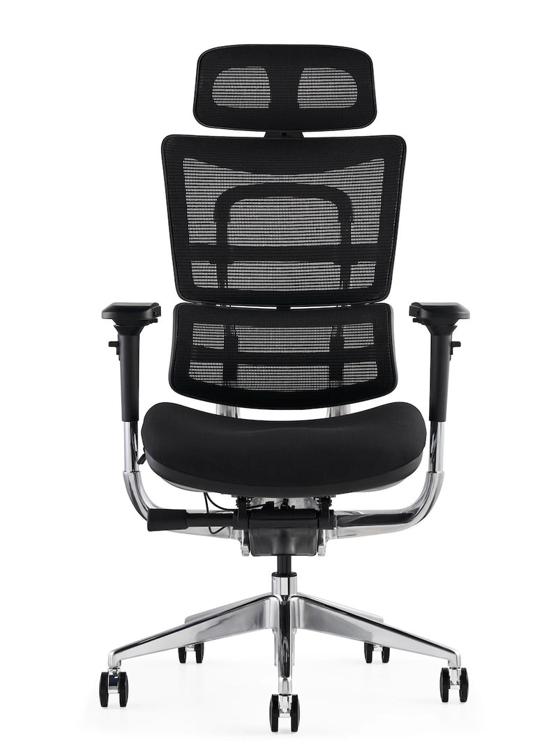 Black ergonomic office chair with breathable mesh seat, height-adjustable headrest, and sturdy frame by Hood Seating