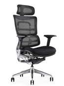 Black ergonomic office chair with breathable mesh seat, adjustable headrest, and sturdy design by Hood Seating