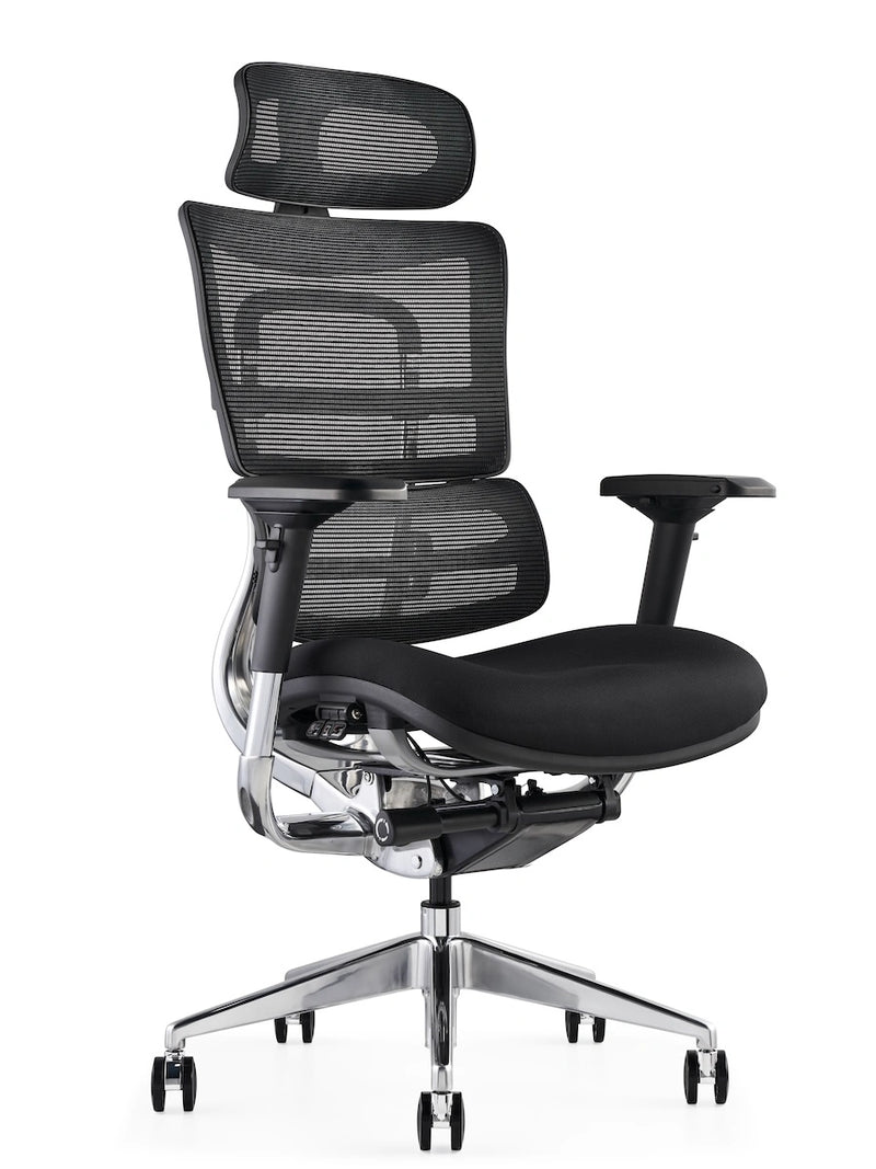 Black ergonomic office chair with breathable mesh seat, adjustable headrest, and sturdy design by Hood Seating