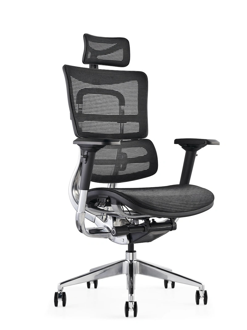 Black ergonomic office chair with breathable mesh seat and back, adjustable headrest from Hood Seating