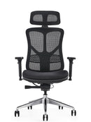 Black ergonomic office chair with breathable mesh seat, adjustable headrest, and sturdy frame by Hood Seating