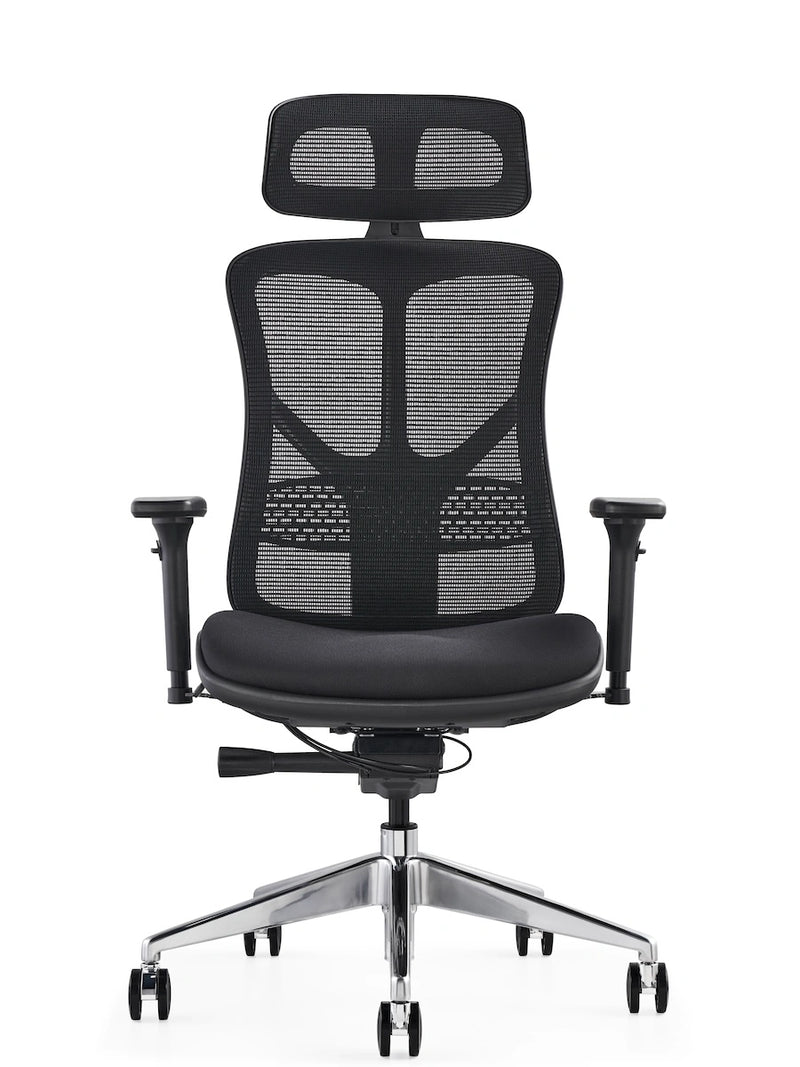 Black ergonomic office chair with breathable mesh seat, adjustable headrest, and sturdy frame by Hood Seating