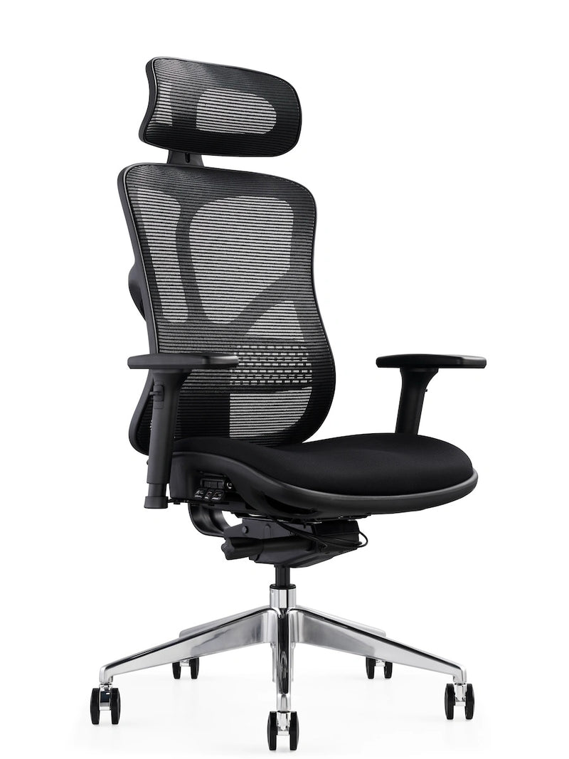 Black ergonomic office chair with mesh seat, headrest options, suitable for heavy-duty use by Hood Seating