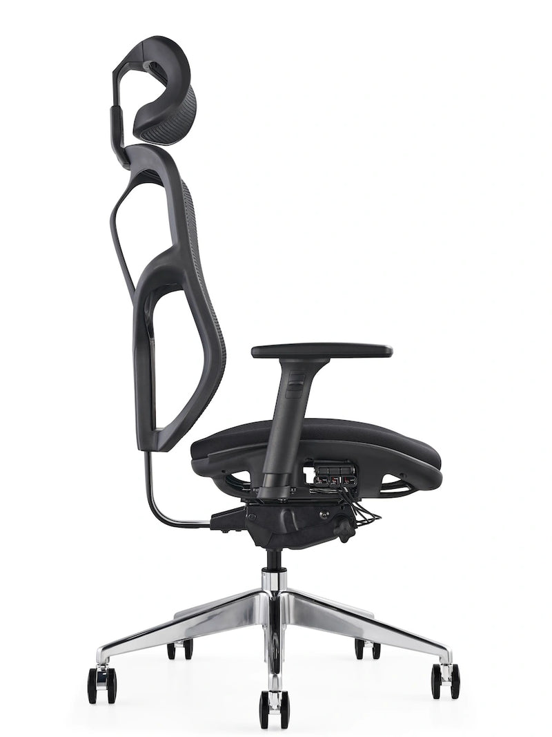 Black ergonomic office chair with breathable mesh seat and back, adjustable headrest by Hood Seating