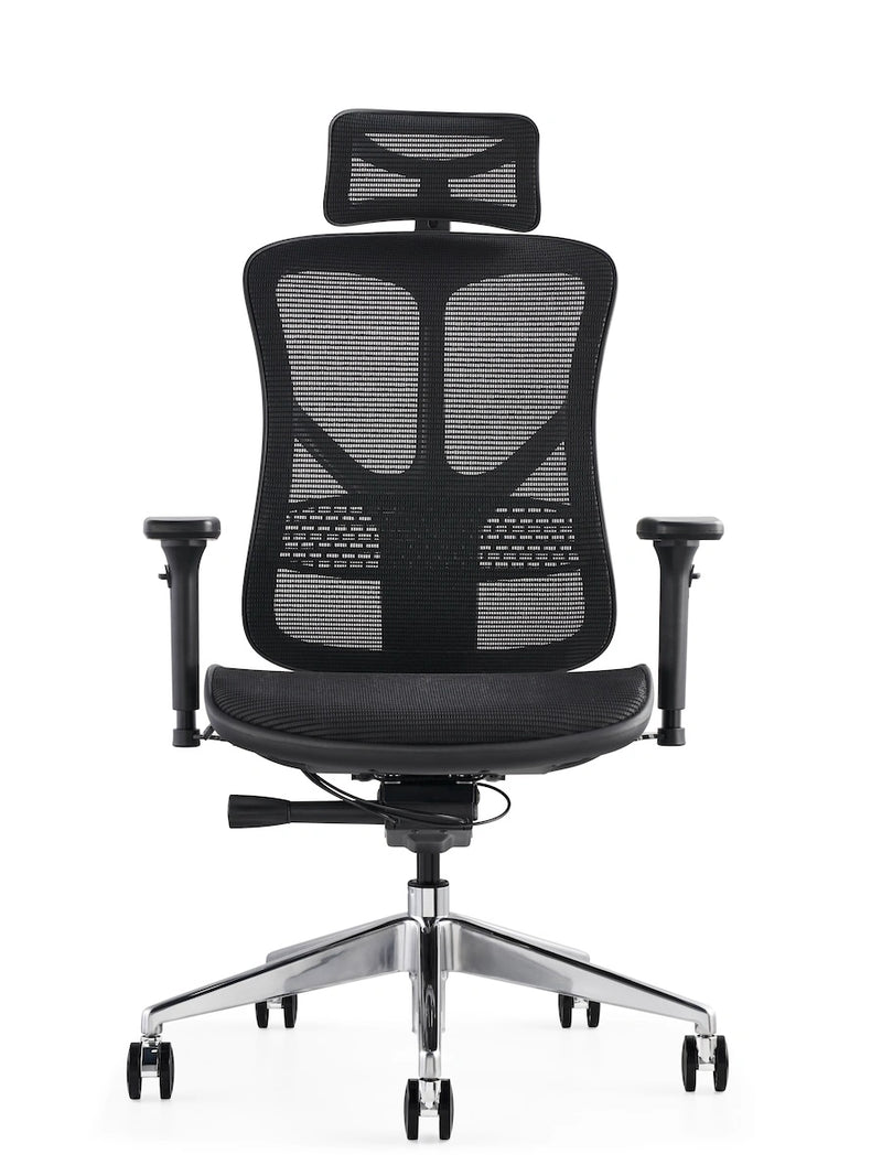 Black ergonomic office chair with breathable mesh, adjustable headrest, and heavy-duty design by Hood Seating