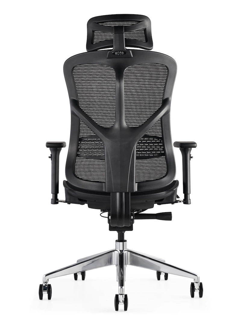 Black ergonomic office chair with breathable mesh seat and back, adjustable headrest by Hood Seating