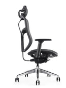 Black ergonomic office chair with breathable mesh seat and back, featuring an adjustable headrest from Hood Seating