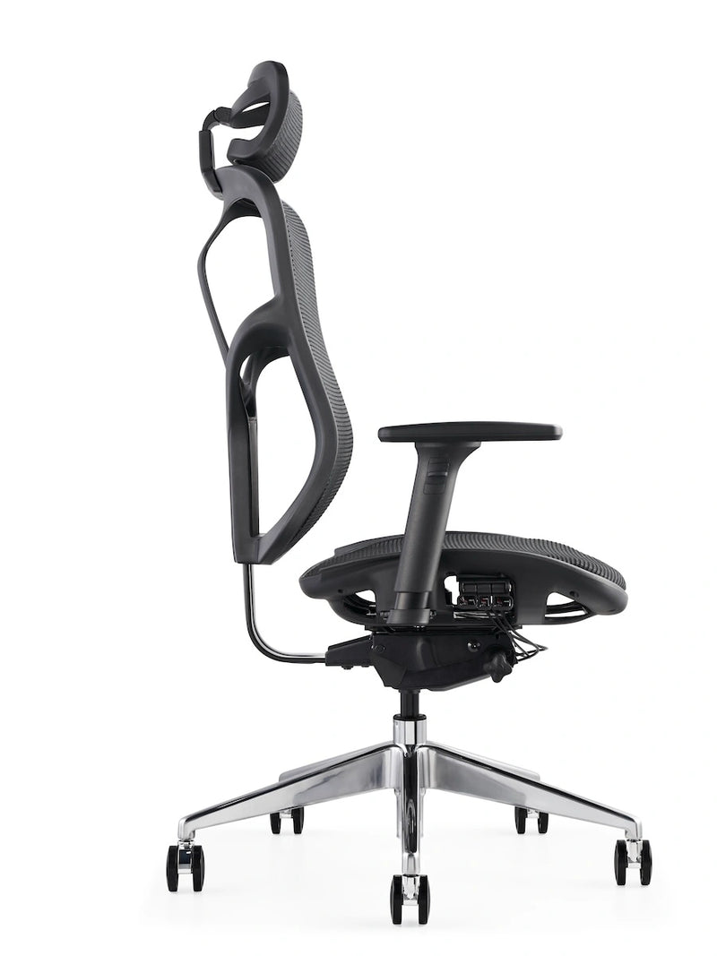 Black ergonomic office chair with breathable mesh seat and back, featuring an adjustable headrest from Hood Seating