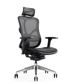 Black ergonomic office chair with breathable mesh seat and back, featuring an adjustable headrest by Hood Seating