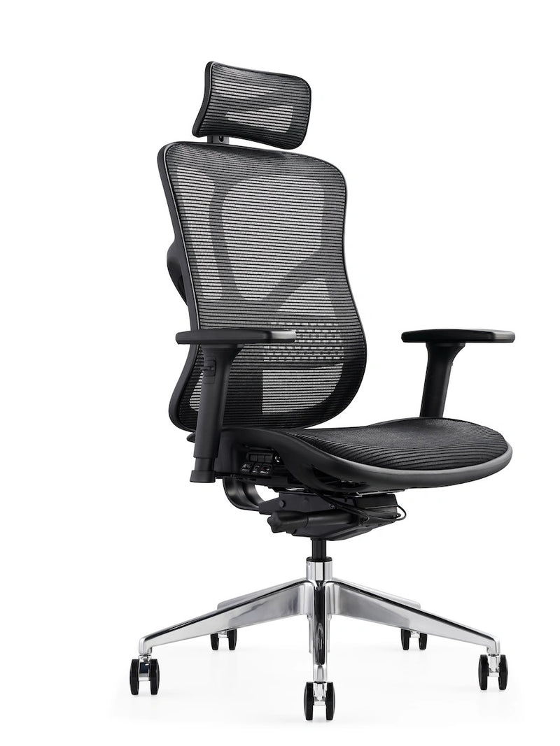 Black ergonomic office chair with breathable mesh seat and back, featuring an adjustable headrest by Hood Seating