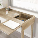 Sonoma oak and white compact desk with storage and cable management by Teknik for home office